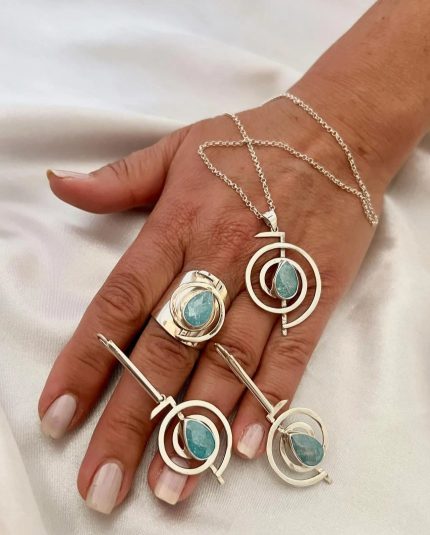 925 Sterling Silver Custom Design Handcrafted Spiral Blue Quartz Set