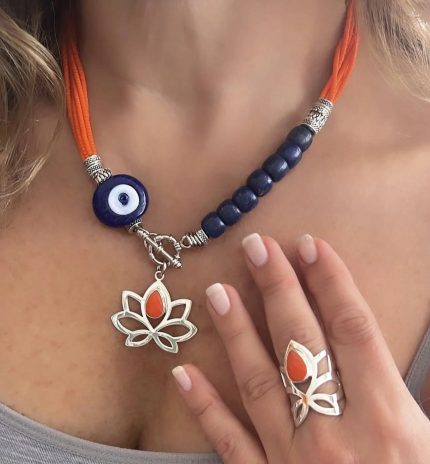 Natural Stone Silver Lotus Flower Salmon Coral Evil Eye Set